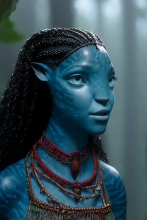 Beautiful na’vi, ((Laura Harrier)), female, grey blue skin, red eyes, wooden jewelry, black braids, ((forest:background)), ((closeup)), movie scene, freckles, detailed, hdr, high quality, movie still, visible tail, skin detail,ADD MORE DETAIL 