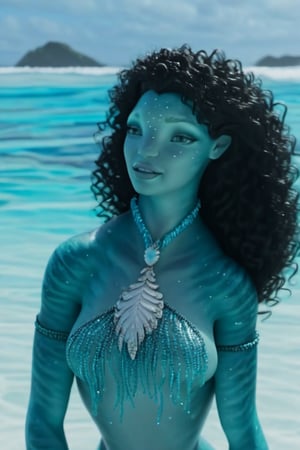 Beautiful na’vi, ((Marilyn Monroe)), female, young, aqua skin, black curly hair, jewelry, ((beach:background)), ((closeup)), ((bust)), movie scene, freckles, detailed, hdr, high quality, movie still, visible tail, skin detail, ADD MORE DETAIL