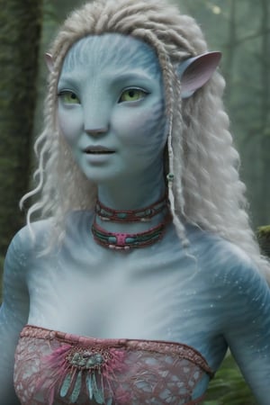 Beautiful na’vi, female, ((Lee Yoo-mi)), white skin, young, wooden jewelry, white curly hair, pink eyes, ((forest:background)), ((closeup)), movie scene, freckles, detailed, hdr, high quality, movie still, visible tail, skin detail, ADD MORE DETAIL 