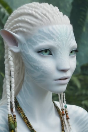 Beautiful na’vi, white, albino, female, white skin, young, colorful tribal jewelry, white braided hair, ((jungle:background)), ((closeup)), movie scene, freckles, detailed, hdr, high quality, movie still, visible tail, skin detail, albino, ADD MORE DETAIL, Read description