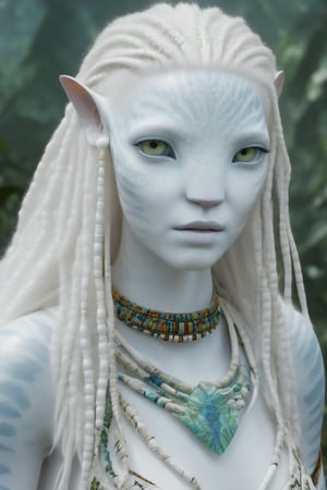 Beautiful na’vi, white, albino, female, white skin, young, colorful tribal jewelry, long wavy white hair, ((jungle:background)), ((closeup)), movie scene, freckles, detailed, hdr, high quality, movie still, visible tail, skin detail, albino, ADD MORE DETAIL, Read description