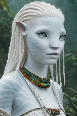 Beautiful na’vi, white, albino, female, white skin, young, colorful tribal jewelry, white braided hair, ((jungle:background)), ((closeup)), movie scene, freckles, detailed, hdr, high quality, movie still, visible tail, skin detail, albino, ADD MORE DETAIL, Read description