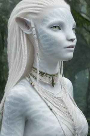 Beautiful na’vi, white, albino, female, white skin, young, tribal jewelry, white hair, ((jungle:background)), ((closeup)), movie scene, freckles, detailed, hdr, high quality, movie still, visible tail, skin detail, albino, ADD MORE DETAIL, Read description