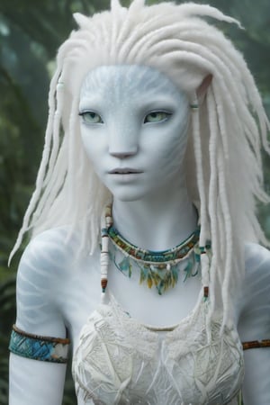 Beautiful na’vi, white, albino, female, white skin, young, colorful tribal jewelry, white curly hair, ((jungle:background)), ((closeup)), movie scene, freckles, detailed, hdr, high quality, movie still, visible tail, skin detail, albino, ADD MORE DETAIL, Read description