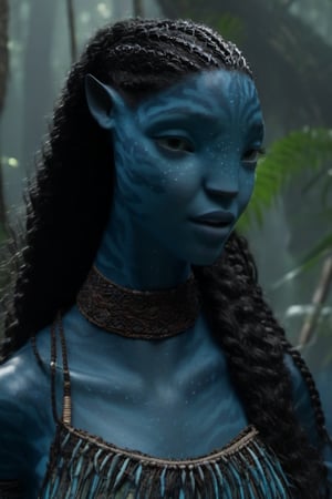 Beautiful na’vi, ((Laura Harrier)), female, grey blue skin, wooden jewelry, black braids, ((forest:background)), ((closeup)), movie scene, freckles, detailed, hdr, high quality, movie still, visible tail, skin detail,ADD MORE DETAIL 