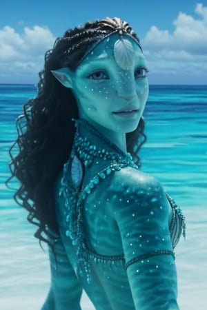 Beautiful na’vi,((Emmy Rossum)), female, aqua skin, jewelry, (( beach:background)), ((closeup)), movie scene, freckles, detailed, hdr, high quality, movie still, visible tail, skin detail,ADD MORE DETAIL