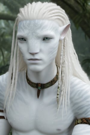 Hansome na’vi, white, albino, male, white skin, young, leather tribal jewelry, long wavy white hair, ((jungle:background)), ((closeup)), movie scene, freckles, detailed, hdr, high quality, movie still, visible tail, skin detail, albino, ADD MORE DETAIL, Read description