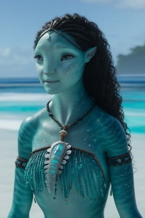 Beautiful na’vi, ((Olivia Cooke)), female, aqua skin, black curly hair, jewelry, ((beach:background)), ((closeup)), ((bust)), movie scene, freckles, detailed, hdr, high quality, movie still, visible tail, skin detail, ADD MORE DETAIL