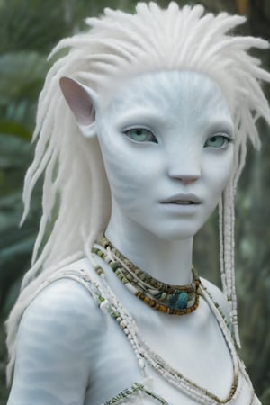 Beautiful na’vi, white, albino, female, white skin, young, colorful tribal jewelry, white curly hair, ((jungle:background)), ((closeup)), movie scene, freckles, detailed, hdr, high quality, movie still, visible tail, skin detail, albino, ADD MORE DETAIL, Read description