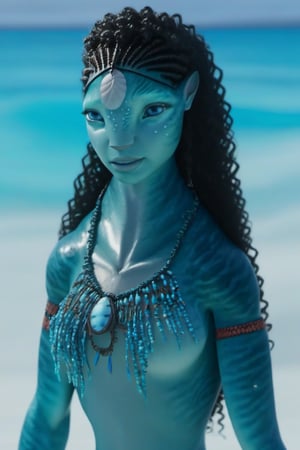 Beautiful na’vi, ((Ronal)), ((Halle Bailey)), female, aqua skin, blue eyes, black curly hair, jewelry, coral headpiece, angry, snarl, (( beach:background)), ((closeup)), ((bust)), movie scene, freckles, detailed, hdr, high quality, movie still, visible tail, skin detail, ADD MORE DETAIL