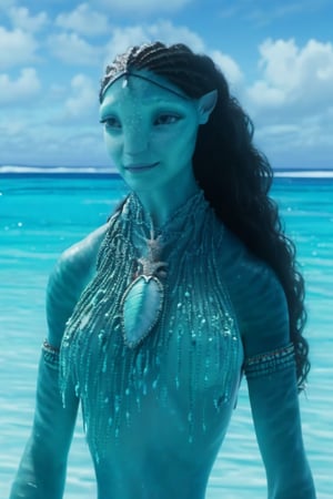 Beautiful na’vi,((Emmy Rossum)), female, aqua skin, jewelry, (( beach:background)), ((closeup)), movie scene, freckles, detailed, hdr, high quality, movie still, visible tail, skin detail,ADD MORE DETAIL