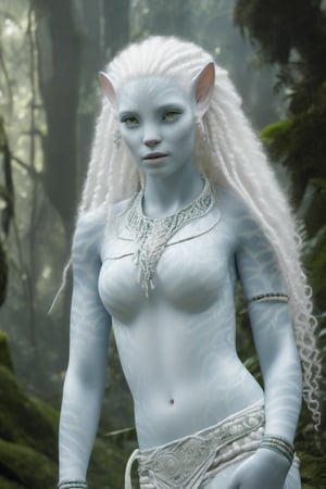 Beautiful na’vi, female, white skin, young, jewelry, curly white hair, ((forest:background)), ((closeup)), movie scene, freckles, detailed, hdr, high quality, movie still, visible tail, skin detail, pointed ears, albino, ADD MORE DETAIL, Read description