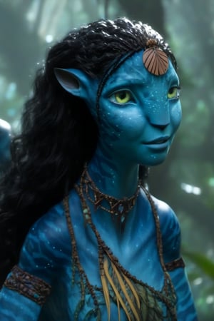 Beautiful na’vi, female, dark blue skin, yellow eyes, wooden jewelry, black hair, ((forest:background)), ((closeup)), movie scene, freckles, detailed, hdr, high quality, movie still, visible tail, long ears, skin detail, ADD MORE DETAIL 