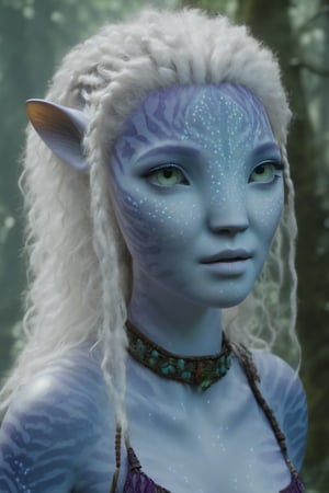 Beautiful na’vi, female, ((Lee Yoo-mi)), white skin, young, wooden jewelry, white curly hair, purple eyes, ((forest:background)), ((closeup)), movie scene, freckles, detailed, hdr, high quality, movie still, visible tail, skin detail, ADD MORE DETAIL 