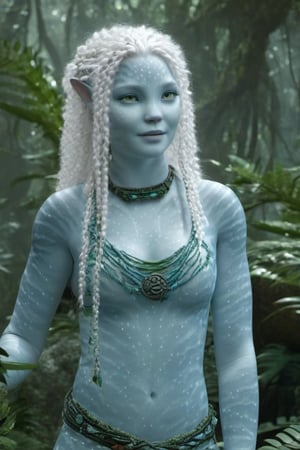 Beautiful na’vi, female, ((Jennifer Stone)), white skin, young, plant jewelry, white curly hair, ((forest:background)), ((closeup)), movie scene, freckles, detailed, hdr, high quality, movie still, visible tail, skin detail, ADD MORE DETAIL,Read description