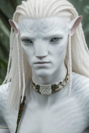 Hansome na’vi, white, albino, male, white skin, young, leather tribal jewelry, long wavy white hair, ((jungle:background)), ((closeup)), movie scene, freckles, detailed, hdr, high quality, movie still, visible tail, skin detail, albino, ADD MORE DETAIL, Read description