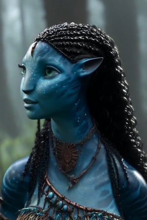 Beautiful na’vi, female, dark blue skin, wooden jewelry, black braids, ((forest:background)), ((closeup)), movie scene, freckles, detailed, hdr, high quality, movie still, visible tail, skin detail,ADD MORE DETAIL 