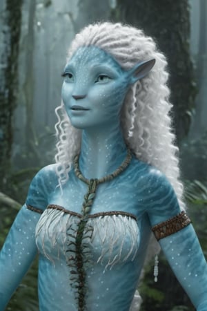 Beautiful na’vi, female, white skin, young, wooden jewelry, white curly hair, ((forest:background)), ((closeup)), movie scene, freckles, detailed, hdr, high quality, movie still, visible tail, skin detail, ADD MORE DETAIL,Read description