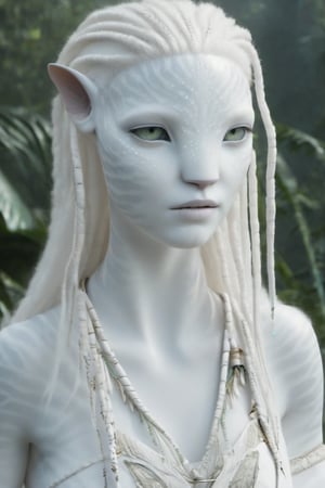 Beautiful na’vi, white, albino, female, white skin, young, leather tribal jewelry, long wavy white hair, ((jungle:background)), ((closeup)), movie scene, freckles, detailed, hdr, high quality, movie still, visible tail, skin detail, albino, ADD MORE DETAIL, Read description