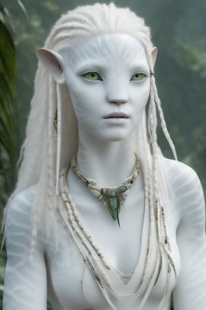 Beautiful na’vi, white, albino, female, white skin, young, leather tribal jewelry, long wavy white hair, ((jungle:background)), ((closeup)), movie scene, freckles, detailed, hdr, high quality, movie still, visible tail, skin detail, albino, ADD MORE DETAIL, Read description