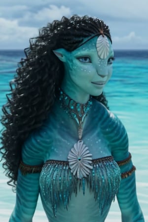 Beautiful na’vi, ((Emma D’Arcy)), female, aqua skin, black curly hair, jewelry, ((beach:background)), ((closeup)), ((bust)), movie scene, freckles, detailed, hdr, high quality, movie still, visible tail, skin detail, ADD MORE DETAIL