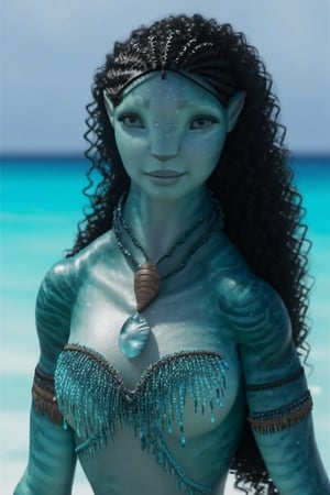 Beautiful na’vi, ((Savannah Steyn)), female, aqua skin, black curly hair, jewelry, ((beach:background)), ((closeup)), ((bust)), movie scene, freckles, detailed, hdr, high quality, movie still, visible tail, skin detail, ADD MORE DETAIL