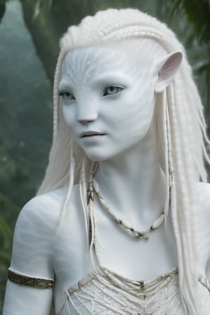 Beautiful na’vi, white, albino, female, white skin, young, leather tribal jewelry, long wavy white hair, ((jungle:background)), ((closeup)), movie scene, freckles, detailed, hdr, high quality, movie still, visible tail, skin detail, albino, ADD MORE DETAIL, Read description