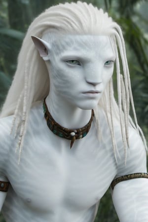 Hansome na’vi, white, albino, male, white skin, young, leather tribal jewelry, long wavy white hair, ((jungle:background)), ((closeup)), movie scene, freckles, detailed, hdr, high quality, movie still, visible tail, skin detail, albino, ADD MORE DETAIL, Read description