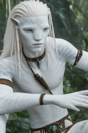 Hansome na’vi, white, albino, male, white skin, young, leather tribal jewelry, long wavy white hair, ((jungle:background)), ((closeup)), movie scene, freckles, detailed, hdr, high quality, movie still, visible tail, skin detail, albino, ADD MORE DETAIL, Read description