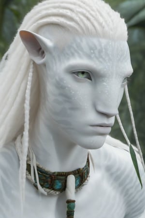 Hansome na’vi, white, albino, male, white skin, young, leather tribal jewelry, long wavy white hair, ((jungle:background)), ((closeup)), movie scene, freckles, detailed, hdr, high quality, movie still, visible tail, skin detail, albino, ADD MORE DETAIL, Read description