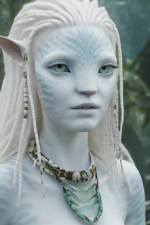 Beautiful na’vi, white, albino, female, white skin, young, colorful tribal jewelry, long wavy white hair, ((jungle:background)), ((closeup)), movie scene, freckles, detailed, hdr, high quality, movie still, visible tail, skin detail, albino, ADD MORE DETAIL, Read description