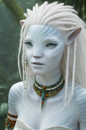 Beautiful na’vi, white, albino, female, white skin, young, colorful tribal jewelry, white curly hair, ((jungle:background)), ((closeup)), movie scene, freckles, detailed, hdr, high quality, movie still, visible tail, skin detail, albino, ADD MORE DETAIL, Read description