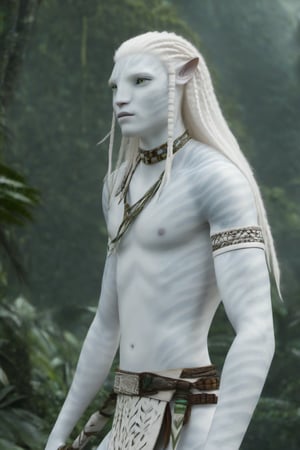 Hansome na’vi, white, albino, male, white skin, young, leather tribal jewelry, long wavy white hair, ((jungle:background)), ((closeup)), movie scene, freckles, detailed, hdr, high quality, movie still, visible tail, skin detail, albino, ADD MORE DETAIL, Read description