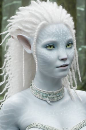 Beautiful na’vi, female, ((Jennifer Stone)), white skin, young, jewelry, curly white hair, ((forest:background)), ((closeup)), movie scene, freckles, detailed, hdr, high quality, movie still, visible tail, skin detail, pointed ears, albino, ADD MORE DETAIL, Read description