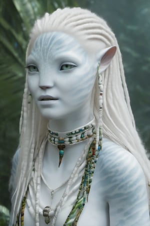 Beautiful na’vi, white, albino, female, white skin, young, colorful tribal jewelry, long wavy white hair, ((jungle:background)), ((closeup)), movie scene, freckles, detailed, hdr, high quality, movie still, visible tail, skin detail, albino, ADD MORE DETAIL, Read description