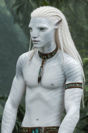 Hansome na’vi, white, albino, male, white skin, young, leather tribal jewelry, long wavy white hair, ((jungle:background)), ((closeup)), movie scene, freckles, detailed, hdr, high quality, movie still, visible tail, skin detail, albino, ADD MORE DETAIL, Read description