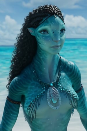 Beautiful na’vi, ((Emma D’Arcy)), female, aqua skin, black curly hair, jewelry, ((beach:background)), ((closeup)), ((bust)), movie scene, freckles, detailed, hdr, high quality, movie still, visible tail, skin detail, ADD MORE DETAIL