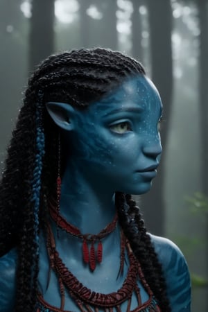 Beautiful na’vi, ((Laura Harrier)), female, grey blue skin, red eyes, wooden jewelry, black braids, ((forest:background)), ((closeup)), movie scene, freckles, detailed, hdr, high quality, movie still, visible tail, skin detail,ADD MORE DETAIL 