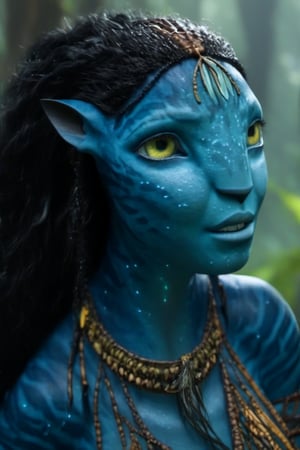 Beautiful na’vi, female, dark blue skin, yellow eyes, wooden jewelry, black hair, ((forest:background)), ((closeup)), movie scene, freckles, detailed, hdr, high quality, movie still, visible tail, long ears, skin detail, ADD MORE DETAIL 