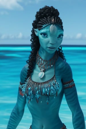 Beautiful na’vi, ((Ronal)), ((Halle Bailey)), female, aqua skin, blue eyes, black curly hair, jewelry, coral headpiece, angry, fangs, ((beach:background)), ((closeup)), ((bust)), movie scene, freckles, detailed, hdr, high quality, movie still, visible tail, skin detail, ADD MORE DETAIL