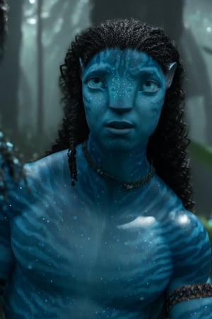 na’vi, ((Michael B. Jordan)), male, blue skin, aqua eyes, wooden jewelry, black curly hair, ((forest:background)), ((closeup)), movie scene, freckles, detailed, hdr, high quality, movie still, visible tail, skin detail,ADD MORE DETAIL 