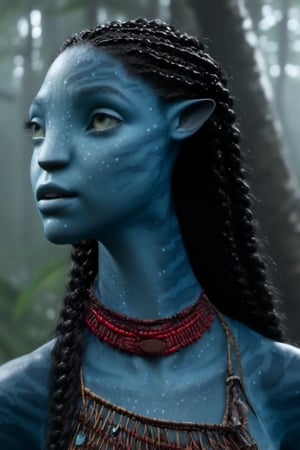 Beautiful na’vi, ((Laura Harrier)), female, grey blue skin, red eyes, wooden jewelry, black braids, ((forest:background)), ((closeup)), movie scene, freckles, detailed, hdr, high quality, movie still, visible tail, skin detail,ADD MORE DETAIL 