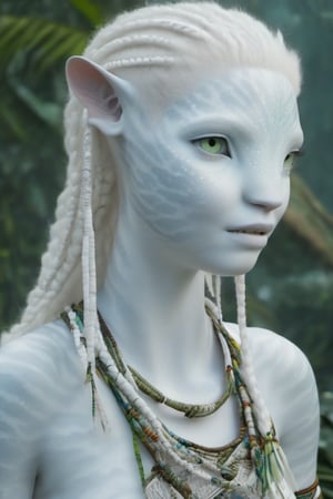 Beautiful na’vi, white, albino, female, white skin, young, colorful tribal jewelry, white braided hair, ((jungle:background)), ((closeup)), movie scene, freckles, detailed, hdr, high quality, movie still, visible tail, skin detail, albino, ADD MORE DETAIL, Read description