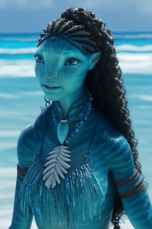 Beautiful na’vi, ((Tsireya)), ((Halle Bailey)), female, aqua skin, blue eyes, black curly hair, long hair, braid bun, jewelry, coral headpiece, angry, snarl, (( beach:background)), ((closeup)), ((bust)), movie scene, freckles, detailed, hdr, high quality, movie still, visible tail, skin detail, ADD MORE DETAIL