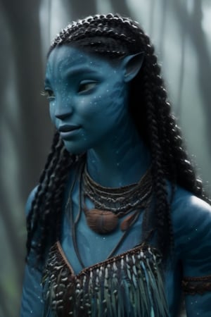 Beautiful na’vi, ((Laura Harrier)), female, grey blue skin, wooden jewelry, black braids, ((forest:background)), ((closeup)), movie scene, freckles, detailed, hdr, high quality, movie still, visible tail, skin detail,ADD MORE DETAIL 