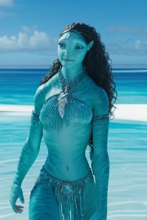 Beautiful na’vi,((Emmy Rossum)), female, aqua skin, jewelry, (( beach:background)), ((closeup)), movie scene, freckles, detailed, hdr, high quality, movie still, visible tail, skin detail,ADD MORE DETAIL