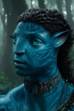 na’vi, ((Michael B. Jordan)), male, blue skin, teal eyes, wooden jewelry, black curly hair, ((forest:background)), ((closeup)), movie scene, freckles, detailed, hdr, high quality, movie still, visible tail, skin detail,ADD MORE DETAIL 