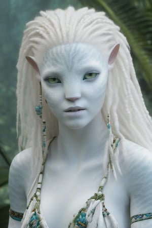 Beautiful na’vi, white, albino, female, white skin, young, colorful tribal jewelry, white curly hair, ((jungle:background)), ((closeup)), movie scene, freckles, detailed, hdr, high quality, movie still, visible tail, skin detail, albino, ADD MORE DETAIL, Read description