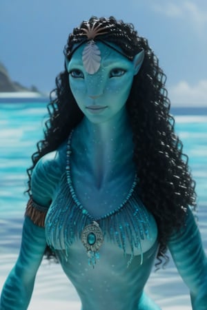 Beautiful na’vi, ((Emma D’Arcy)), female, aqua skin, black curly hair, jewelry, ((beach:background)), ((closeup)), ((bust)), movie scene, freckles, detailed, hdr, high quality, movie still, visible tail, skin detail, ADD MORE DETAIL