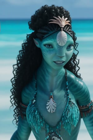 Beautiful na’vi, ((Ronal)), ((Halle Bailey)), female, aqua skin, black curly hair, jewelry, coral headpiece, angry, fangs, ((beach:background)), ((closeup)), ((bust)), movie scene, freckles, detailed, hdr, high quality, movie still, visible tail, skin detail, ADD MORE DETAIL